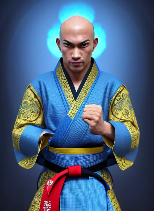 Image similar to male martial artist with a mostly shaved head and a high ponytail!!! asian facial features and blue eyes!! intricate ornate blue robes!! character concept art, sharp focus, octane render! unreal engine 5! highly rendered!! trending on artstation!! detailed linework!! illustration by artgerm, wlop, and chie yoshii