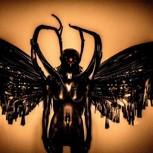 Prompt: a dark artistic photo of an alien creature with crazy wings, a polaroid photo