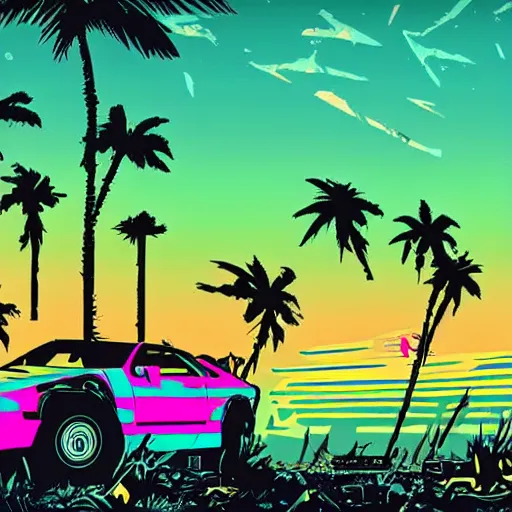 Image similar to wasteland destroyed hotline miami car wide shot epic post apocalyptic landscape miami nuke fire craters end of the world miami beach sunset vapor wave palm trees 80s synth retrowave delorean decal