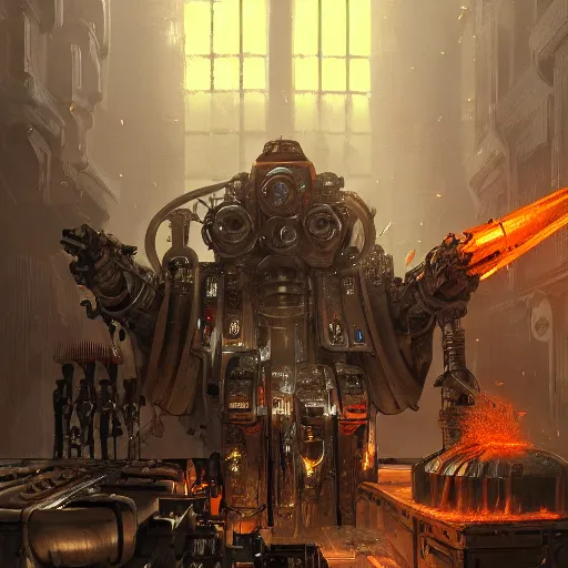 Prompt: adeptus mechanicus techpriest at a forge, by cedric peyravernay and feng zhu, highly detailed, excellent composition, cinematic concept art, dramatic lighting, trending on artstation