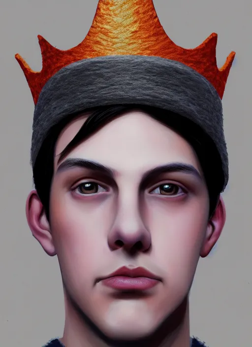 Image similar to portrait of teenage jughead jones wearing a light grey crown, photorealistic, crown made of felt fabric, crown, crown made of felt, black hair, intricate, elegant, highly detailed, digital painting, glowing lights, artstation, concept art, smooth, sharp focus, illustration, art by wlop, mars ravelo and greg rutkowski