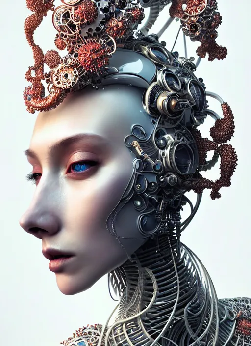 Image similar to portrait of an absurdly beautiful, graceful, sophisticated, fashionable cyberpunk mechanoid, hyperdetailed illustration by irakli nadar and vania zouravliov, matt wisniewski style, intricate linework, white porcelain skin, faberge, coral headdress, unreal engine 5 highly rendered, global illumination, radiant light, detailed and intricate environment