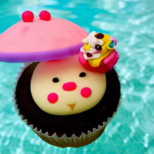 Prompt: a kawai cupcake character wearing a speedo about to dive in a swimming pool