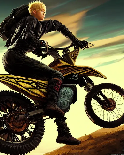 Image similar to beautiful blonde teenage boy wearing cyberpunk intricate streetwear riding dirt bike, beautiful, detailed portrait, cell shaded, 4 k, concept art, by wlop, ilya kuvshinov, artgerm, krenz cushart, greg rutkowski, pixiv. cinematic dramatic atmosphere, sharp focus, volumetric lighting, cinematic lighting, studio quality