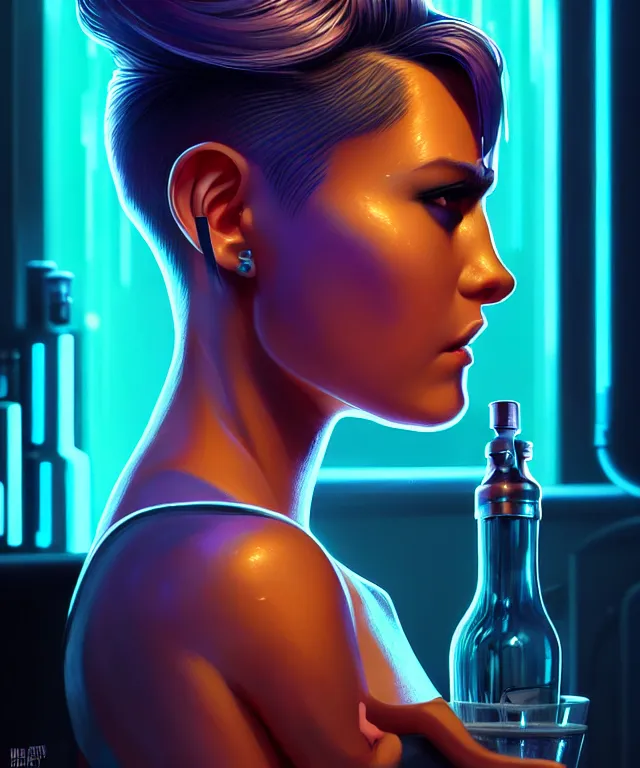 Prompt: a young sophisticated beautiful barmaid, cozy retrofuturistic cyberpunk dive bar, drinking at the bar, dystopian futuristic cyberpunk vibe, relaxed pose, pixie cut with shaved side hair, wild, highly detailed, digital painting, artstation, sharp focus, illustration, detailed digital art style by Tim Hildebrandt + perfect facial symmetry + dim volumetric lighting, vibrant deep colors, 🍸, 8k octane beautifully detailed render, post-processing, extremely hyperdetailed, epic composition, grim yet sparkling atmosphere, cinematic lighting + masterpiece, Art Nouveau