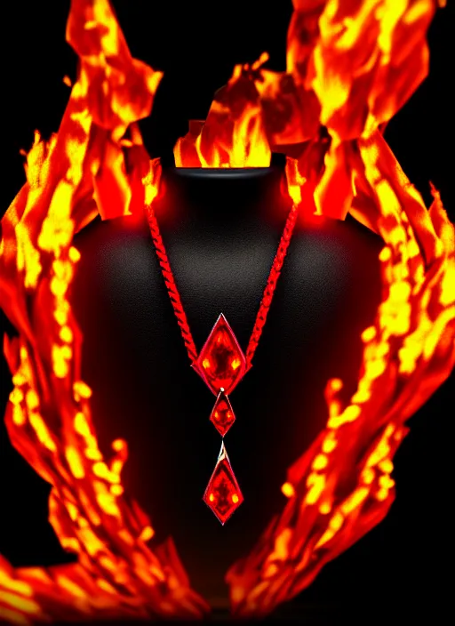 Image similar to rpg item, a black necklace with a bright red diamond in flames, Unreal 5, DAZ, hyperrealistic, rpg style, octane render, dynamic lighting