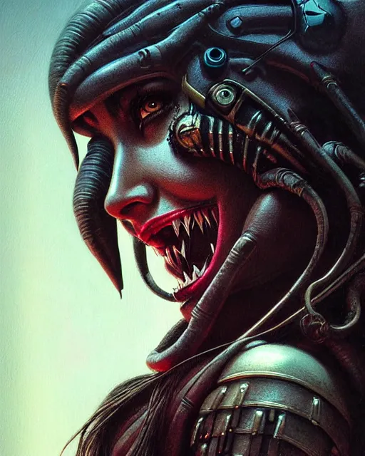 Prompt: pharah from overwatch, monster, character portrait, portrait, close up, concept art, intricate details, highly detailed, horror poster, horror, vintage horror art, realistic, terrifying, in the style of michael whelan, beksinski, and gustave dore