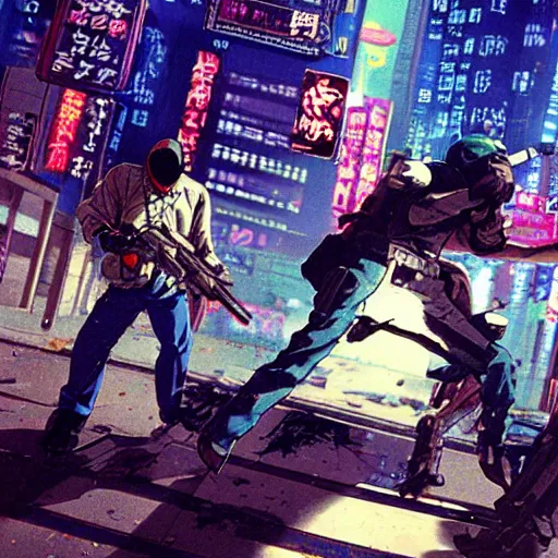 Image similar to 1991 Video Game Screenshot, Anime Neo-tokyo Cyborg bank robbers vs police shootout, bags of money, Police officer hit, Bullet Holes and Blood Splatter, Hostages, Cyberpunk, Anime VFX, Violent, Action, MP5S, FLCL, Highly Detailed, 8k :4 by Katsuhiro Otomo + Studio Gainax + Arc System Works : 8