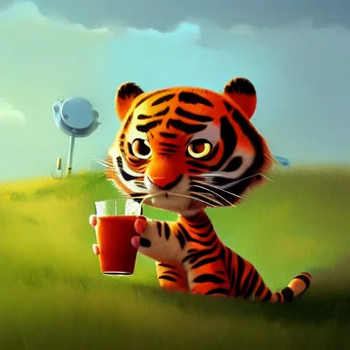 Image similar to goro fujita ilustration a little tiger drinks in the field by goro fujita, painting by goro fujita, sharp focus, highly detailed, artstation