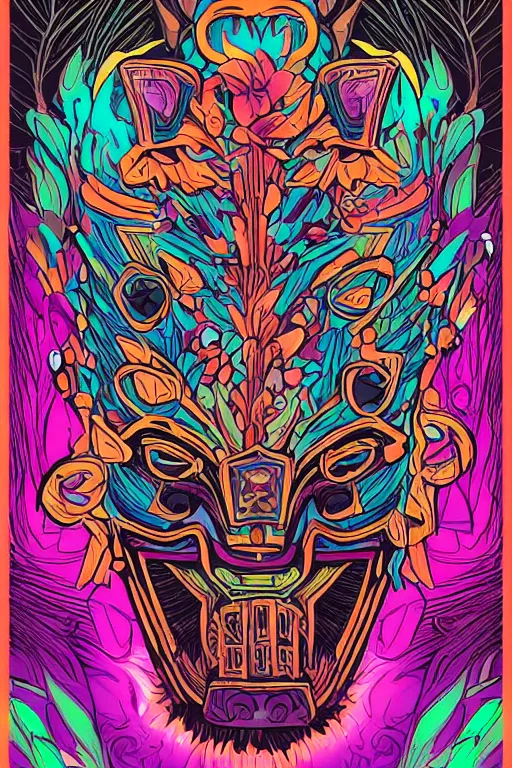 Image similar to animal mask totem roots flower tribal feather gemstone plant wood rock shaman vodoo video game vector cutout illustration vivid multicolor borderlands comics by josan gonzales and dan mumford radiating a glowing aura