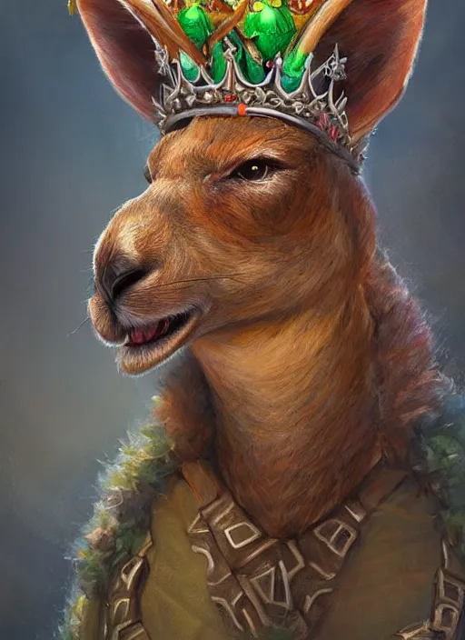 Image similar to kangaroo wearing a crown, dndbeyond, bright, colourful, realistic, dnd character portrait, full body, pathfinder, pinterest, art by ralph horsley, dnd, rpg, lotr game design fanart by concept art, behance hd, artstation, deviantart, hdr render in unreal engine 5