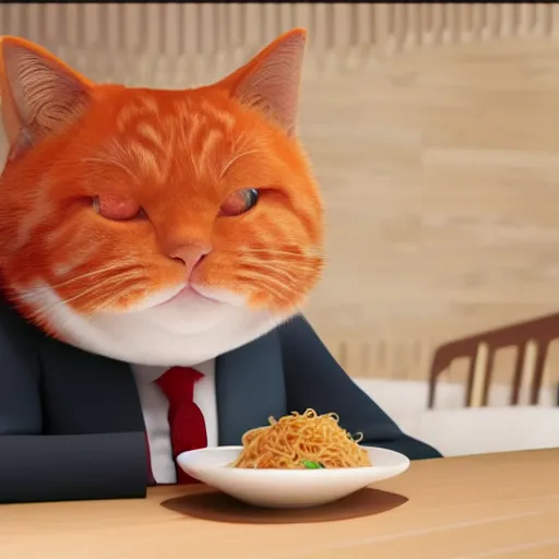 Image similar to Fat, cute orange cat in a suit eating ramen, busy restaurant, close up, octane render by Lynda Benglis, 4K, 8K