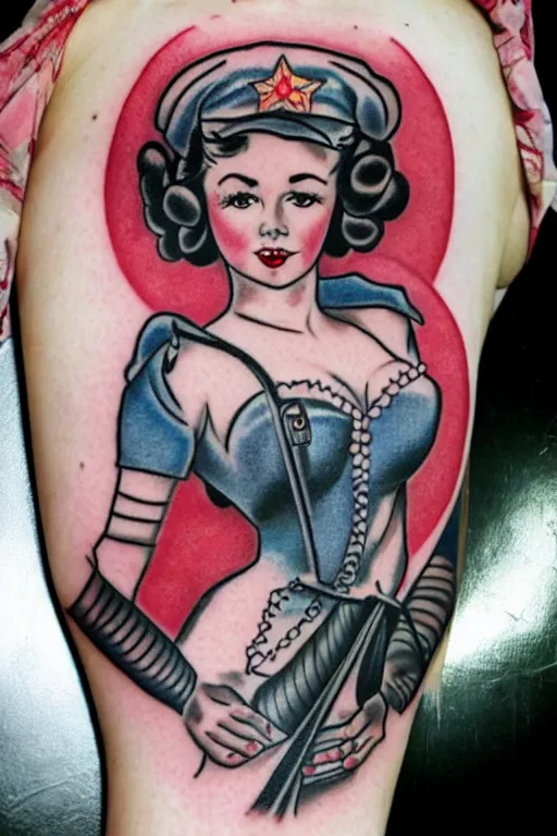 Image similar to traditional American tattoo of a pinup doll, WWII style, detailed