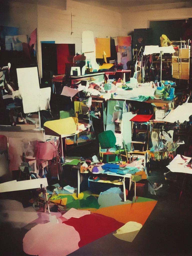 Prompt: dramatic scene shallow depth of field medium shot uncanny surreal photograph of a colorful intimate art studio in 1 9 9 5 titled'reveal their drive we could ', photographed by william eggleston and ken price and man ray, grainy shocking detail trending on artstation 8 k