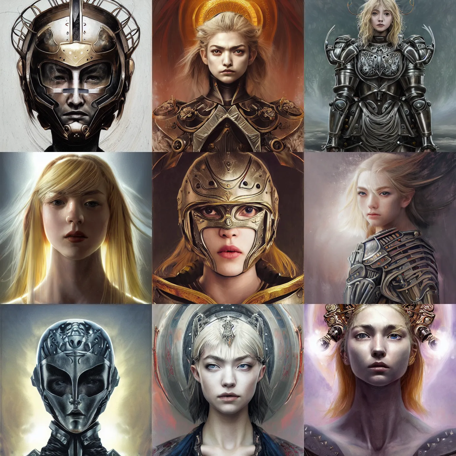 Prompt: masterpiece head-on symmetrical centered painted portrait, Imogen Poots as a holy warrior, blonde hair, holy light halo, glorious, wearing full metal armour, elegant, distant, in the style of Yoshitaka Amano and Ruan Jia and Kentaro Miura and Edgar Maxence and Ross Tran and Zdzisław Beksiński and Michael Whelan and Mucha, 8k, octane render