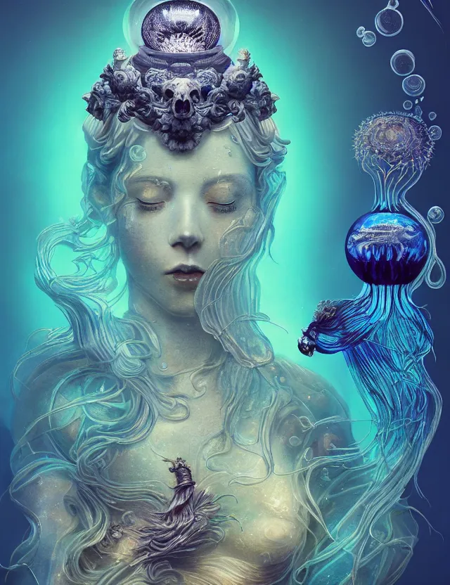 Image similar to goddess macro vintage shouler portrait from bottom to top in crown made of ram skull. betta fish, jellyfish phoenix, bioluminiscent, plasma, ice, water, wind, creature, super intricate ornaments artwork by tooth wu and wlop and beeple and greg rutkowski and alexander fedosav