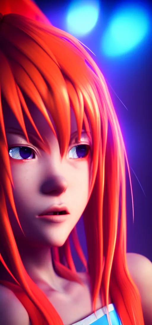 Image similar to asuka langley in a neon city, octane render 8 k, photorealistic render, atmospheric render, beautiful face, cute, realistic skin, redshift render, realistic reflections