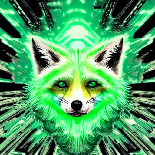 Prompt: digital green and green and green and white fox, retrowave palette, digital world, highly detailed, electric breeze, anatomically correct vulpine, synth feel, fluffy face, ear floof, flowing fur, super realism, accurate animal imagery, 4 k digital art