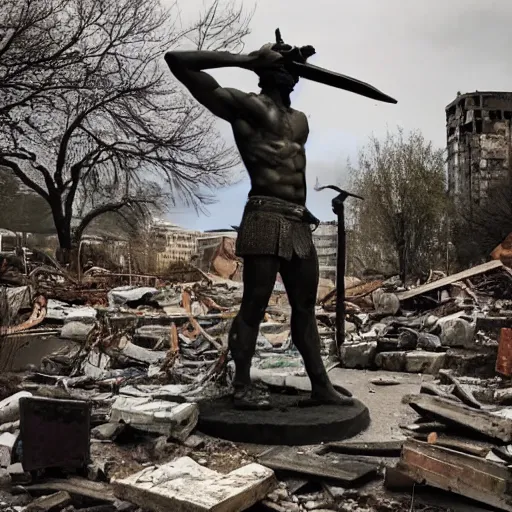 Image similar to statue of a warrior standing in the destroyed city, post apocalyptic scenery