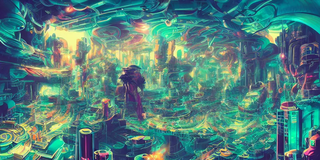 Prompt: a psychedelic cyberpunk city at the edge of existence where intensely creative astral beings exist, delirium, chaotic storm of liquid smoke, by petros afshar, ross tran, tom whalen, peter mohrbacher, junji ito, artgerm, shattered glass, bubbly underwater scenery, radiant light