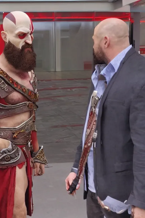 Image similar to TV news interviewing Kratos from god of war