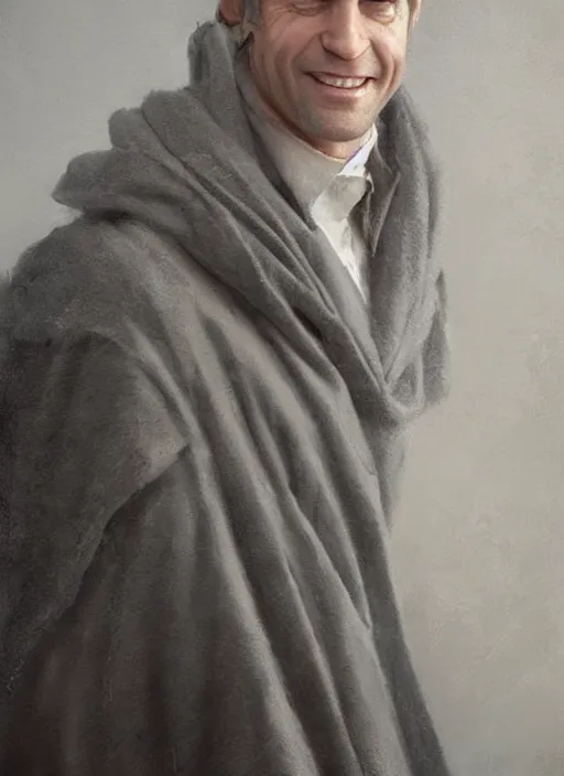 Prompt: a clean shaven man aged 4 0 with tousled blonde hair and hazel eyes and a friendly smile. he is handsome and wearing a grey cloak. head and shoulders portrait painting by greg rutkowski and raymond swanland.