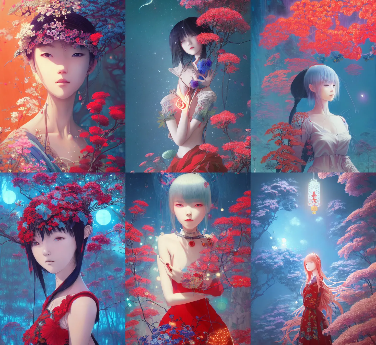 Prompt: detailed, sharp, dreaming humanoid female automata wearing red chinese ornament surrounded by glowing blue flowers and flora floating above a dystopia by Ilya Kuvshinov and Anna Dittmann and studio ghibli and WLOP and Rossdraws, digital art, surreal, trending on artstation, anime arts, featured on Pixiv, blue lighting, HD, 8K, highly detailed, good lighting, beautiful, epic, masterpiece