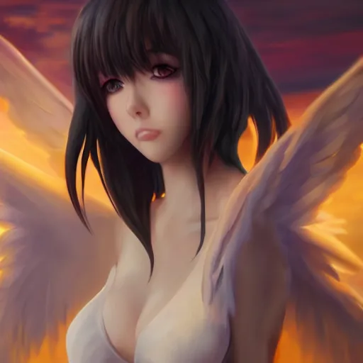 Image similar to an oil painting of a beautiful anime girl with angel wings, by artgerm, hd, hdr, ue 5, ue 6, unreal engine 5, cinematic 4 k wallpaper, 8 k, ultra detailed, high resolution, artstation, award winning