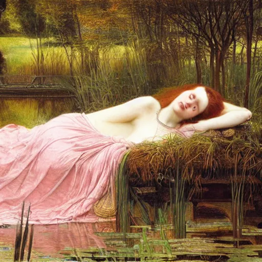 Prompt: breathtaking masterpiece of art, elizabeth eleanor siddall as ophelia floating on the water fully clothed in flowing medieval clothes amongst the reeds by william holman hunt and rosetti, 8 k