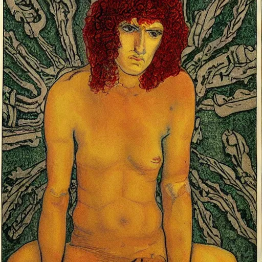 Prompt: A beautiful print. Her cell is as bare as mine. She is sitting in the middle, hugging her knees, wrapped in a toga-like garment. by Austin Osman Spare natural