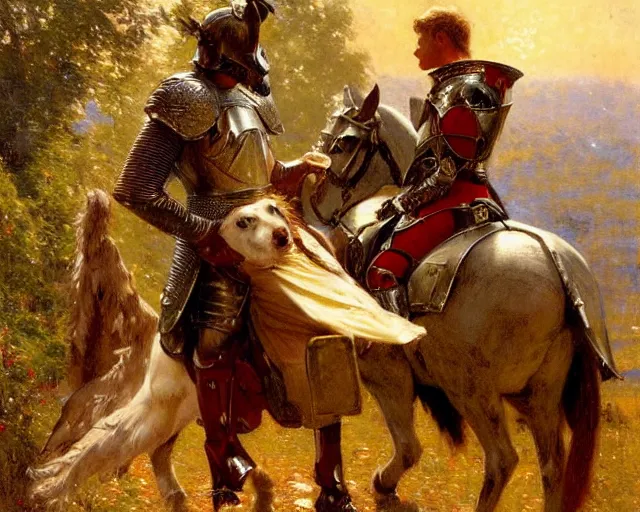 Image similar to arthur pendragon flirting wit his knight. the knight is also flirting back, highly detailed painting by gaston bussiere, craig mullins, j. c. leyendecker