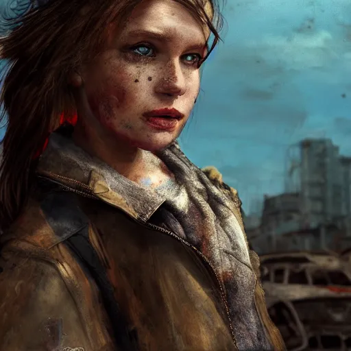 Image similar to pretty face, wide angle lens, photorealistic, 4k, background of destroyed city post apocalyptic, steakpunk, soft lighting, portrait