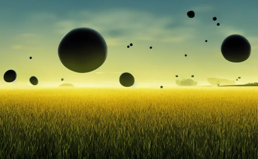 Prompt: an influx of giant black liquid blobs flying through a grass field, enigmatic scene, dusk, sunrise, still from a 2015 pixar movie, 4k, high quality wallpaper