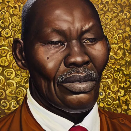 Image similar to a painting of a round face, XXL , fatherly, loving, caring, generous, ever-present, humble, wise elder from Kenya in a suit by Kehinde Wiley . Fatherly/daddy, focused, loving, leader, relaxed,. ethereal lights, details, smooth, sharp focus, illustration, realistic, cinematic, artstation, award winning, rgb , unreal engine, octane render, cinematic light, macro, depth of field, blur, red light and clouds from the back, highly detailed epic cinematic concept art CG render made in Maya, Blender and Photoshop, octane render, excellent composition, dynamic dramatic cinematic lighting, aesthetic, very inspirational, arthouse.