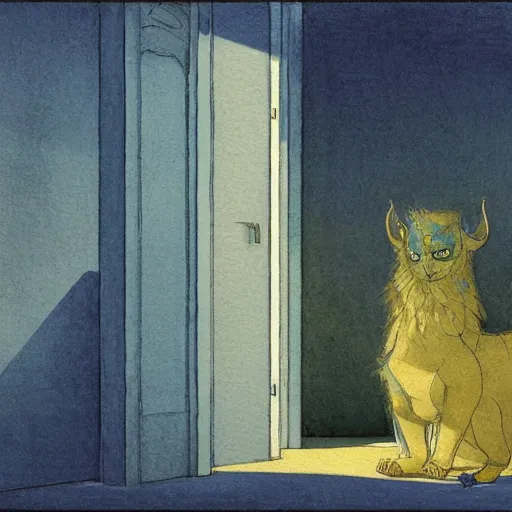 Image similar to close up of a chimera in a blue and gold haunted liminal abandoned room, watercolor by victo ngai, by hammershøi, art noveau, highly detailed, lights by edward hopper, liminal, eerie, bright pastel colors