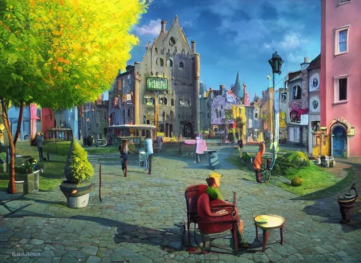 Image similar to dublin townsquare, summer morning, very coherent and colorful high contrast, art by gediminas pranckevicius, dark shadows, hard lighting