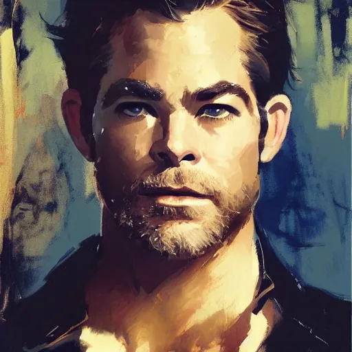 Prompt: chris pine, intricate, elegant, highly detailed, greg manchess, mucha, liepke, ruan jia, jeffrey catherine jones, ridley scott