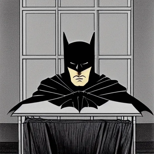 Prompt: a picture of batman sitting in a therapists office, 4 k, ultra detailed, luminist style, by m c escher