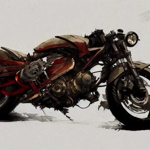 Prompt: concept art of motorcycle, highly detailed painting by dustin nguyen, akihiko yoshida, greg tocchini, greg rutkowski, cliff chiang, 4 k resolution, trending on artstation, 8 k