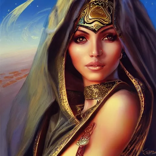 Image similar to a beautiful arabian woman in the sahara desert by karol bak, ayami kojima, artgerm, arabian beauty, blue eyes, smile, concept art, fantasy