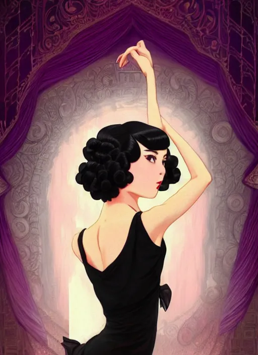 Image similar to a beautiful dancer with black hair in 1920's fashion, ballroom background, intricate, highly detailed, digital painting, artstation, official media, anime key visual, concept art, rich vivid colors, ambient lighting, sharp focus, illustration, art by Artgerm, Makoto Shinkai, Ilya Kuvshinov, Lois Van Baarle, and Rossdraws