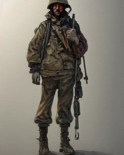 Image similar to a oil / watercolor painting full body character portrait of a homeless soldier past his prime in the style of moebius in the style of leonard boyarsky trending on artstation deviantart pinterest detailed photorealistic highlights and shadow hd 8 k post - processing high resolution