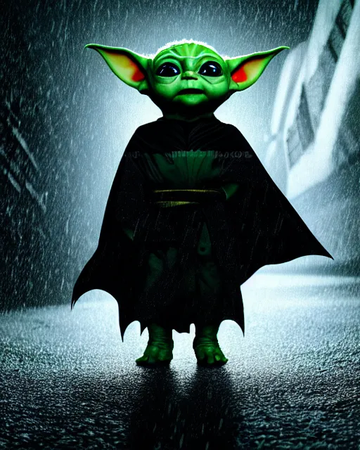 Image similar to epic closeup cinematic still of baby yoda as batman wearing batman costume with batcape as batman in atmospheric rainy alleyway in the style of batman begins, 8 k backlit, rim lighting, dramatic moonlight lighting, beautiful composition