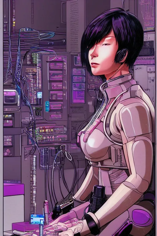 Image similar to cyberpunk illustration of female android motoko kusanagi seen from the side, seated in the lab, with wires and cables coming out of her head and back, by moebius, masamune shirow and katsuhiro otomo, colorful, detailed