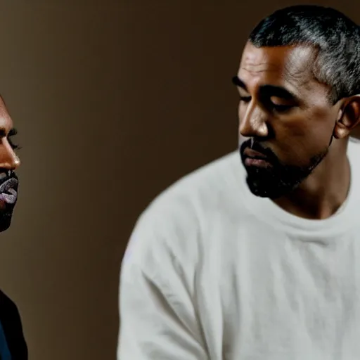 Image similar to a cinematic portrait of Kanye West and Barack Obama, 40mm lens, shallow depth of field, split lighting