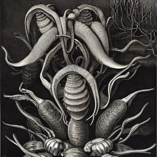 Prompt: carnivorous plants, by Odd Nerdrum, by Ernst Haeckel, by M.C. Escher, beautiful, eerie, surreal, colorful