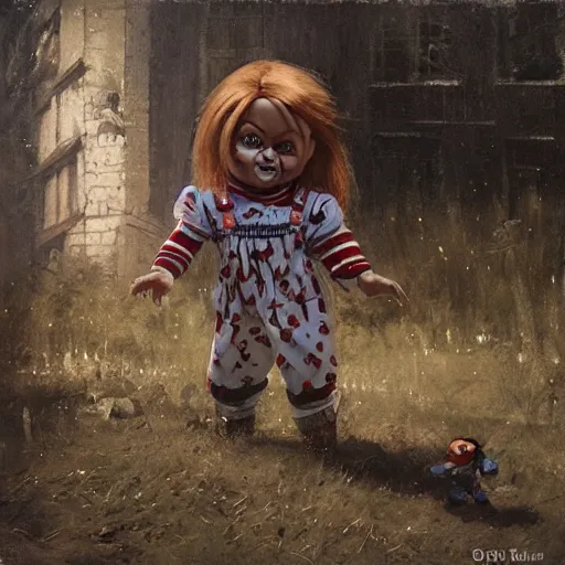 Image similar to the doll chucky fighting the doll annabelle in oslo, oil painting, by greg rutkowski