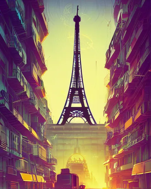 Image similar to beautiful painting of a cyberpunk paris inspired by phillipe stark, art by mike winkelmann, golden hour, illustration, highly detailed, simple, smooth and clean vector curves, no jagged lines, vector art, smooth, artstation