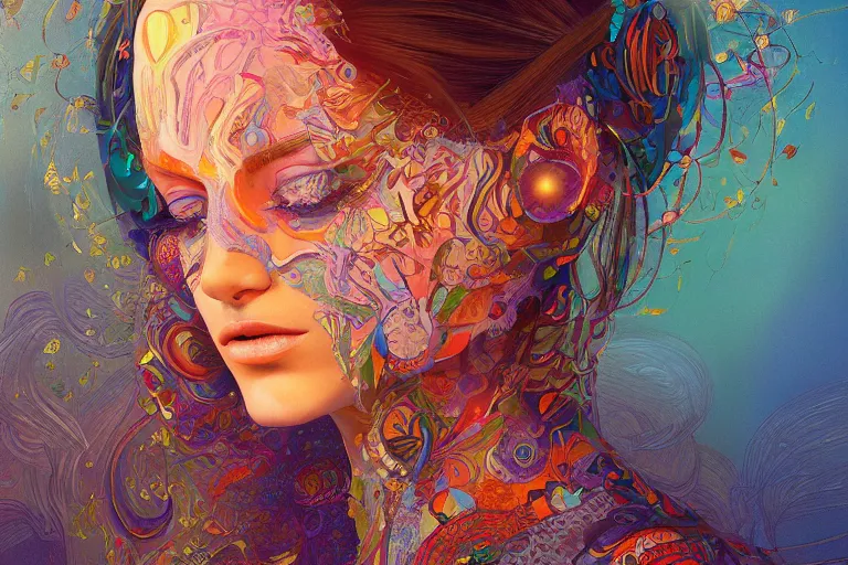 Prompt: beautiful woman, illustration painting, oil on canvas, intricate, portrait, detailed illustration, hd, digital art, overdetailed art, concept art, complementing colors, detailed, illustration painting by alex gray, digital art, overdetailed art, concept art, complementing colors rendered by beeple, by makoto shinkai, syd meade,