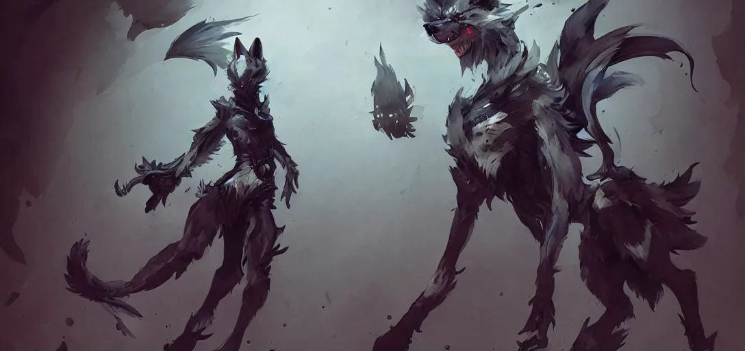 Image similar to concept art of anthropomorphized wolf fullbody, night themed, highly detailed painting by dustin nguyen, akihiko yoshida, greg tocchini, 4 k, trending on artstation, 8 k